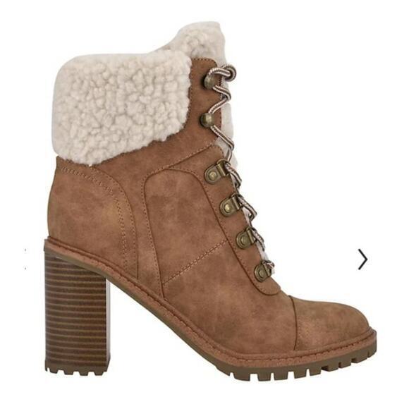 NEW NINE WEST Boots Chunky Heel Size 9.5 Ankle Combat Sherpa Faux‎ Vegan Leather - Picture 4 of 9